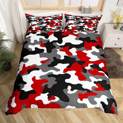 Parure de lit moderne avec housse de couette et 1 taie d'oreiller Motif camouflage armée rouge noir blanc Pour enfant garçon adolescent homme (1/5)