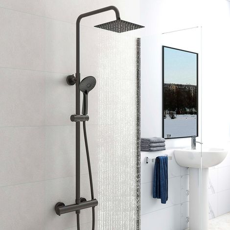 AICAIT Nero Colonna Doccia con Miscelatore Termostatico, Set Doccia Termostatico, Set Doccia a Pioggia con Soffione Quadrato 20x20 cm e Doccetta a 3 getti