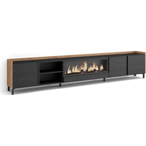 Mueble TV Alameda-02 de 315x61x35 cm con chimenea eléctrica XXL, diseño industrial, color negro y roble (1/4)