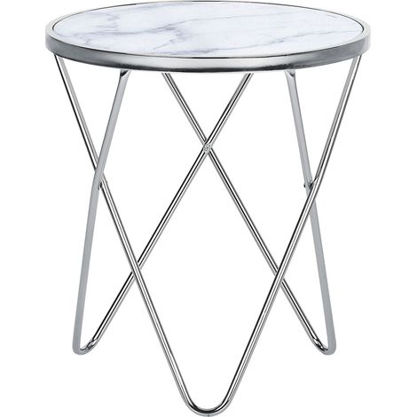 Mesa auxiliar tablero de cristal templado con efecto mármol blanco patas de horquilla de metal plateado forma redonda Meridian II (1/5)