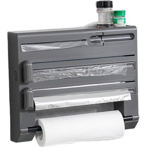 Étagère de rangement pour papier aluminium et papier d'emballage, multifonctionnelle, facile d'utilisation, fixée au mur, avec support pour essuie-tout. (1/2)