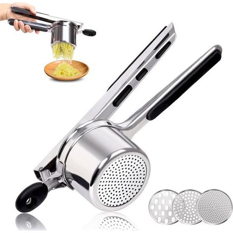 Prensa para patatas de acero inoxidable, Incluye 3 discos de diferentes texturas, Se puede colgar, Para hacer patatas, Puré, Regalo (1/5)