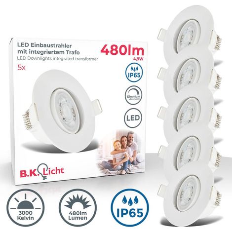 Einbaustrahler 68mm 5er Set - 230V, 4,9W, 480lm, LED, dimmbar, IP65, warmweiß, weiß