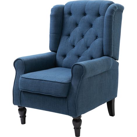 Fauteuil de salon style français, assise rembourrée et coussins, velours bleu, 74x86x102 cm (1/5)