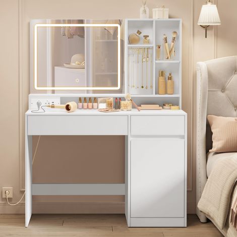 VASAGLE KAILYN Collezione - Toeletta Trucco, Postazione Trucco con LED, Stazione di Ricarica, Cassetti, Ripiani Regolabili e Portagioie, Largo 110 cm, per Camera da Letto, Bianco Nuvola RDT634W01 (1/5)