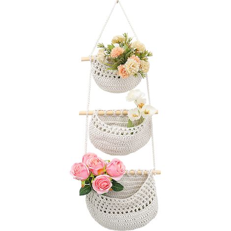 Bolsa de almacenamiento multicapa para plantas frutales de estilo bohemio, fabricada en alambre lavado a mano (3 capas - blanco marfil).