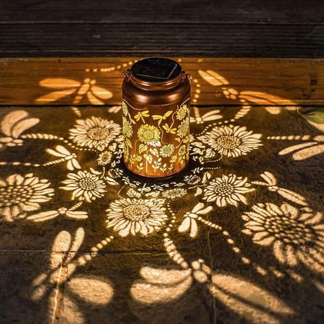 Lanterne solari a forma di girasole e libellula, realizzate in metallo, impermeabili e da appendere, decorazione per giardino, terrazzo e balcone. (1/4)