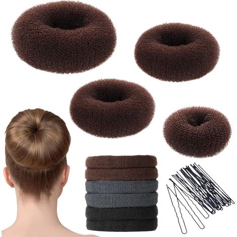 moños para el cabello tipo donut y 20 horquillas, 6 gomas elásticas para el cabello, para bailarinas, niñas y mujeres (negro, marrón). (1/5)
