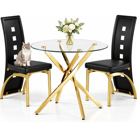 ELVMI Ensemble Table et Chaises, 1 Table Ronde et 2 Chaises pour Cuisine, Verre Trempé, Métal et PU, Noir et Or (1/5)