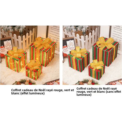 Ensemble de 3 Boîtes Cadeaux Pliables avec Lumières LED et Télécommande, Décoration de Noël Rayures Rouges Vertes Blanches, 8 Modes Clignotants, S/M/L pour Fêtes et Anniversaires-lsw