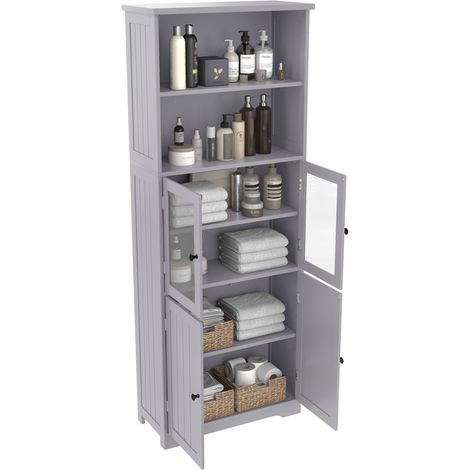 Meuble de salle de bain 57.4 x 28.5 x 160 cm - 4 portes - 2 compartiments ouverts - étagères réglables - gris