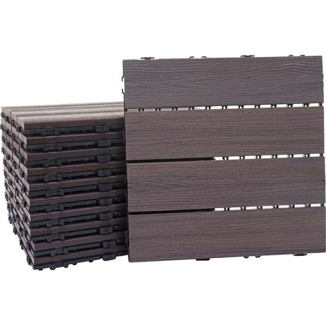 WPC Bodenfliese HHG-169, Holzoptik Balkon/Terrasse, 3D-Struktur linear 11x je 30x30cm = 1qm, geprägt grau-braun