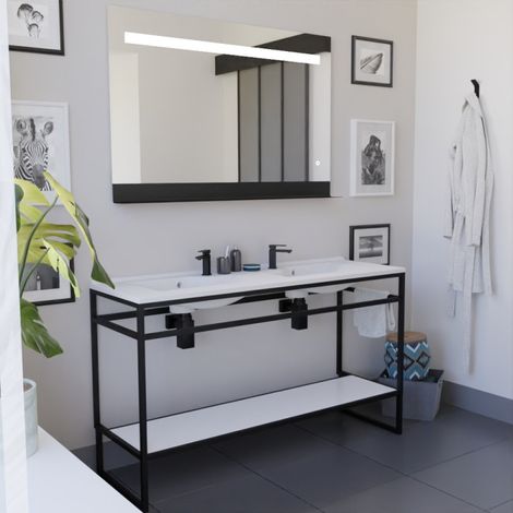 Ensemble STRUCTURA 140 cm avec plan double vasque et miroir led Etal- plan stratifié Blanc