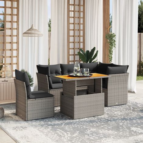 Ensemble Salon Jardin Gris 5 Pièces en Résine Tressée + Coussins, Table Bois Acacia Ajustable, Meuble d'Extérieur Modulaire (1/3)