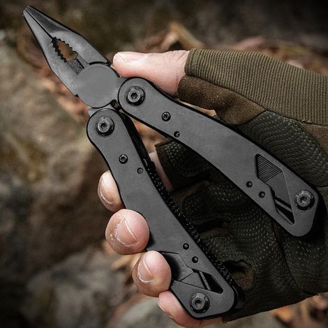 Pince multifonction noire en acier inoxydable, tournevis avec embouts, couteau rétractable, mini pince pliante outdoor (1/5)