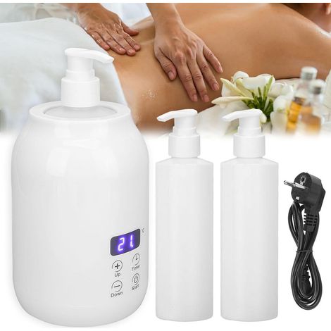 Chauffe Huile de Massage, Réchauffeur D'huile de Massage Température Réglable de 30 à 65 Degrés Kit D'huile de Massage avec 2 Plastique Bouteilles pour Huiles Essentielles Massage du Dos