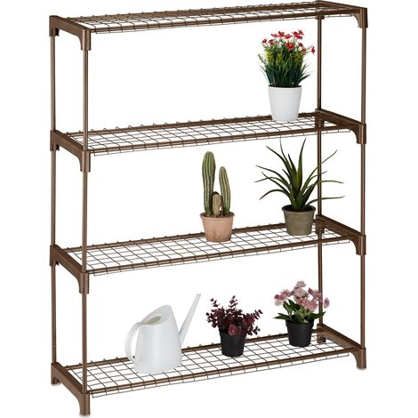 Relaxdays Plant Rack, 4 Shelves, Stand for Flowers & Pots, Metal & Plastic, HWD: 106x91x28 cm, Shelving for Herbs, Brown