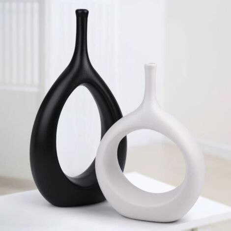 Vases 2PCS Noirs et Blancs,Vase Decoratif Moderne pour Herbe de la Pampa,Ceramique Donut Vases Vintage Decoration