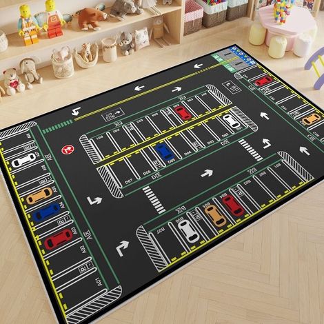 Tapis pour chambre d'enfant, tapis de jeu amusant sur le thème du parking, tapis sur le thème de la vie urbaine ferroviaire, tapis pour enfants lavable et antidérapant - 80x120CM (velours cristal)