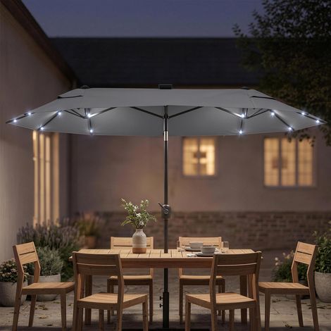 Parasol double avec pied en croix et éclairage solaire, 295 x 150 x 219 cm, gris (1/5)