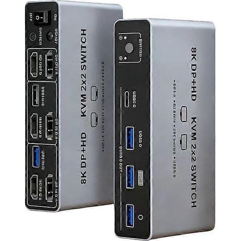 Commutateur KVM 2x2 compatible avec 8K DP+HDMI, commutateur double écran 2 entrées/2 sorties, compatible avec les ordinateurs portables/PC partageant moniteur, clavier et souris, prise standard europé (1/5)