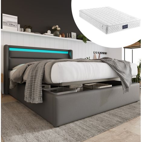 Bett Doppelbett Stauraum 140x200 PU LED Grau OKMYHOME