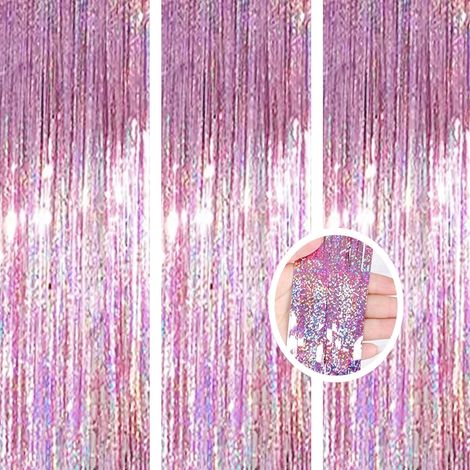 Pack de 3 Rideaux Laser Rose 1x2m  Rideaux Métalliques à Franges pour Fenêtre et Porte, Décoration de Fête