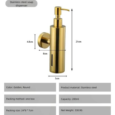 Flacon de gel hydroalcoolique rond en acier inoxydable (Golden-Round) distributeur de savon liquide flacon de gel douche flacon suspendu flacon mural. (1/5)