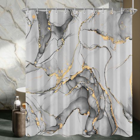 Rideau de douche 240 x 180 cm, marbre gris, ourlet lesté, anti-moisissure, imperméable, lavable, en polyester, avec 16 œillets et anneaux de rideau de douche pour salle de bain, baignoire (1/5)