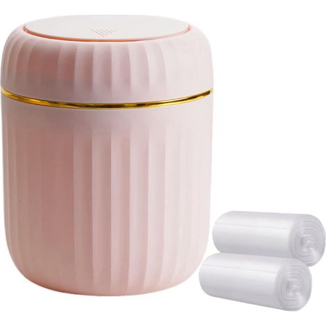 Poubelle de bureau avec couvercle à pression, mini poubelle de bureau, petite poubelle de table en plastique pour salle de bain, bureau, coiffeuse, cuisine, avec 60 feuilles de sacs poubelle (rose) (1/5)