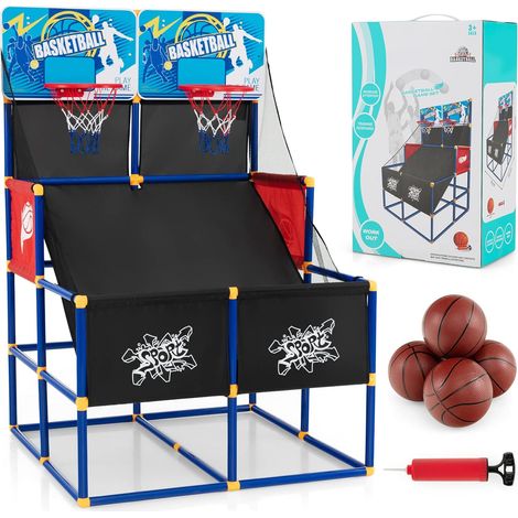 COSTWAY Mini Canasta Baloncesto Habitacion, Juego de Baloncesto de Doble Tiro, 4 Balones, Bomba de Inflado para Interiores y Exteriores, Regalo de Cumpleaños para Niños, Fácil Montaje