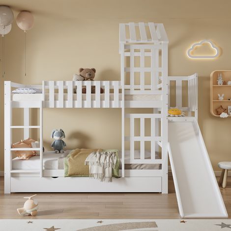Litera, cama infantil 90x200 cm con tobogán, cajón con ruedas, 2 somieres de láminas, sistema anticaída, madera blanca