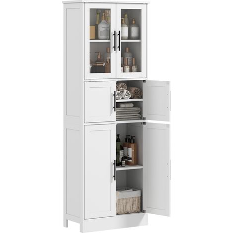 Meuble salle de bain rangement 6 portes dont 2 vitrines étagères réglables blanc 60x30x170cm