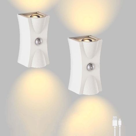 Lampada da parete a LED con sensore di movimento, lampada da parete ricaricabile con 3 modalità (AUTO/OFF/ON), illuminazione da parete ricaricabile USB-C, illuminazione su e giù, lampada wireless, bia