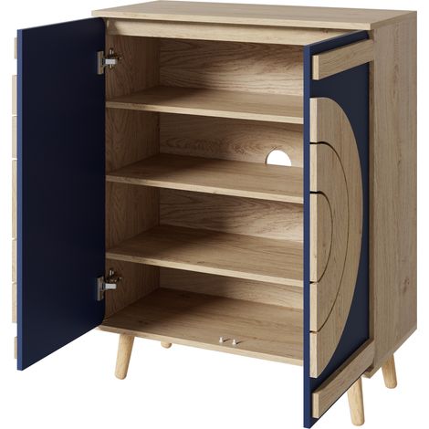 Armoire à chaussures moderne bleue et naturelle avec portes géométriques rondes et plusieurs étagères (1/5)