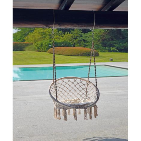 Altalena in corda e cuscino color naturale seduta con frange MALIGI HOME MG/KAKI Bianco (1/3)