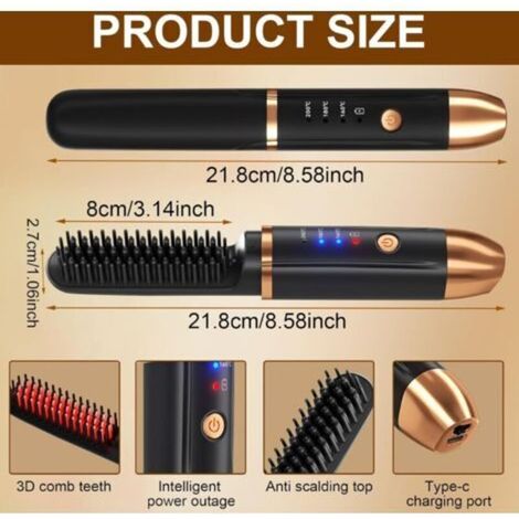Brosse Lissante pour Cheveux sans Fil, Brosse Lissante Chauffante, Ionique Négatifs Brosse Lissante, Peigne Lissant Rechargeable, Mini Brosse à Lisser Sans Fil, Brosse Lissante Portable pour Voyage (1/4)