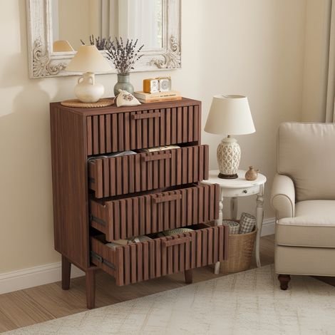Comò in legno 60 cm con 4 cassetti - Comò da camera Maniglie e piedini in legno - Stile scandinavo, marrone (1/5)