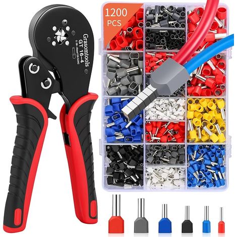 Kit d'outils de sertissage de virole, connecteurs à virole double et simple, pince à sertir quadrilatérale à mâchoire à cliquet (0,08-16 mm²) avec 1200 manchons de connecteur de borne (1/5)