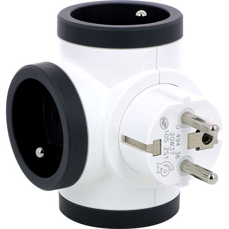 Fiche Multiprise Triplite Rotative - 3 Prises Latérales en T avec Terre - Sécurité Enfant Intégrée - Blanc et Gris Foncé