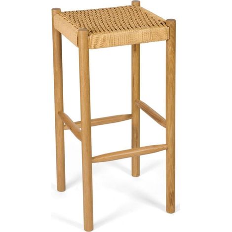 Tabouret haut en chêne naturel assise corde tressée beige - Chêne naturel et corde beige (1/5)