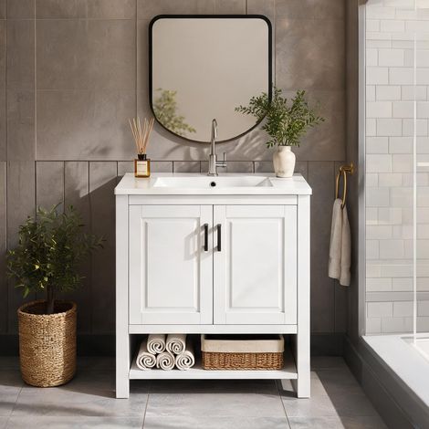 Meuble sous vasque blanc en MDF et céramique avec 2 portes (1/5)