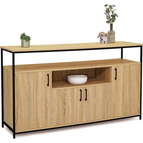 Idmarket – Buffet 140 cm 4 portes – Niche centrale 64,5 x 37 x 16,5 cm – Structure bois et métal – Style industriel pour salle à manger