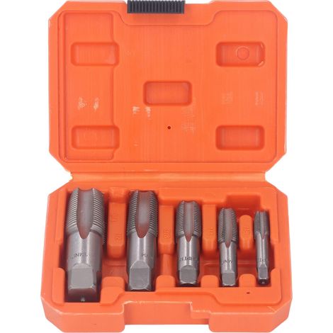 Jeu de 5 robinets NPT (filetage en acier au carbone) avec coffret de rangement. Tailles incluses : 3/4, 1/2, 3/8, 1/4 et 1/8 pouce.