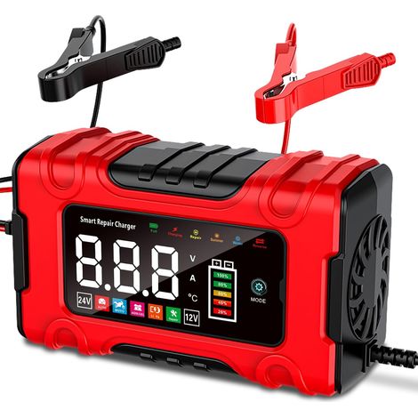 Chargeur de Batterie Voiture 10A, 12V/24V Chargeur Batterie Moto Intelligent avec Mode Réparation et Charge d'entretien pour Voitures, Motos et Camions, Batteries AGM, Gel, Humides, SLA et LiFePO4 (1/5)