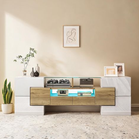 Meuble TV 145 cm blanc laqué avec éclairage LED et finition (1/5)
