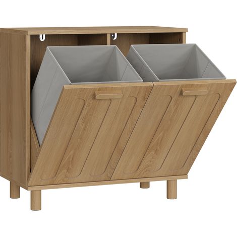 ELVMI Armario para ropa sucia con 2 cestos extraíbles, separador de MDF, color roble, 66 x 35 x 67 cm (1/5)