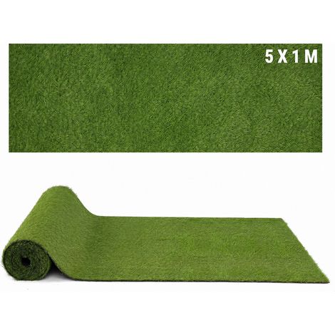 Gazon Synthétique Artificiel 1x5 M, Tapis Pelouse Synthétique 20 mm, 4 Nuances Réalistes, Fibres Résistantes à la Perte, Trous de Drainage, Découpable (1/5)
