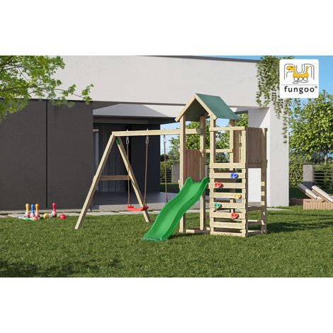 Fungoo Spielturm Chester natur mit Doppelschaukel, Rutsche, Holzdach und Kletterwand (1/5)