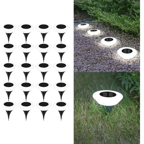 (Blanc - Lot de 20) Lampes solaires d'extérieur LED 360° pour sol, étanches IP65, avec interrupteur marche/arrêt, compatibles avec jardin, cour, allée, terrasse (1/5)